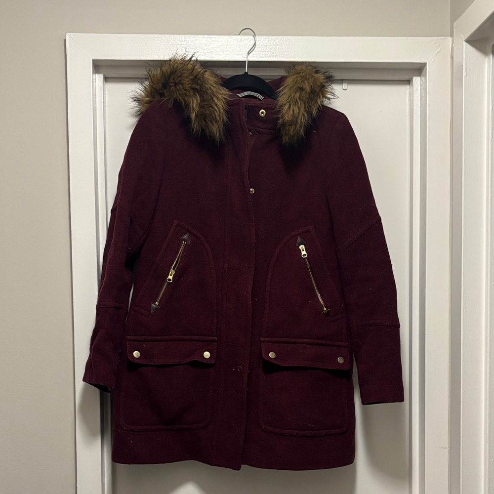 J. Crew Women's Faux-Fur Trim Hooded Pea Coat in Burgundy - Size 6